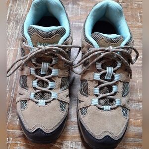 Bearpaw Hiking Shoes Womens Size 7 M Brown Suede Lace Up Blue Accent